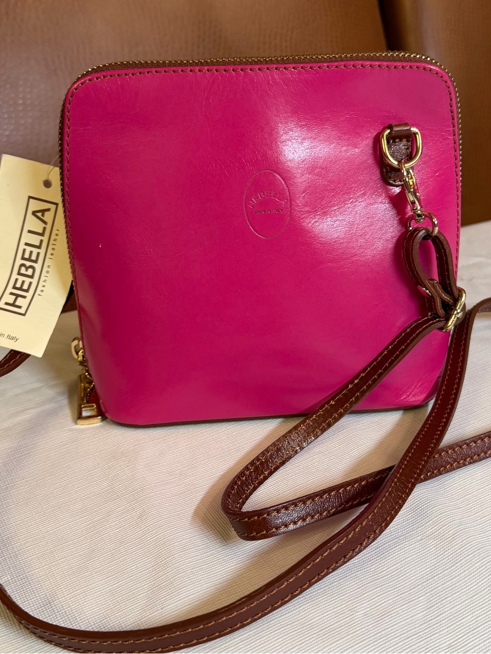 Brand New Authentic Hebella Italian Leather Bright Pink Crossbody Bag